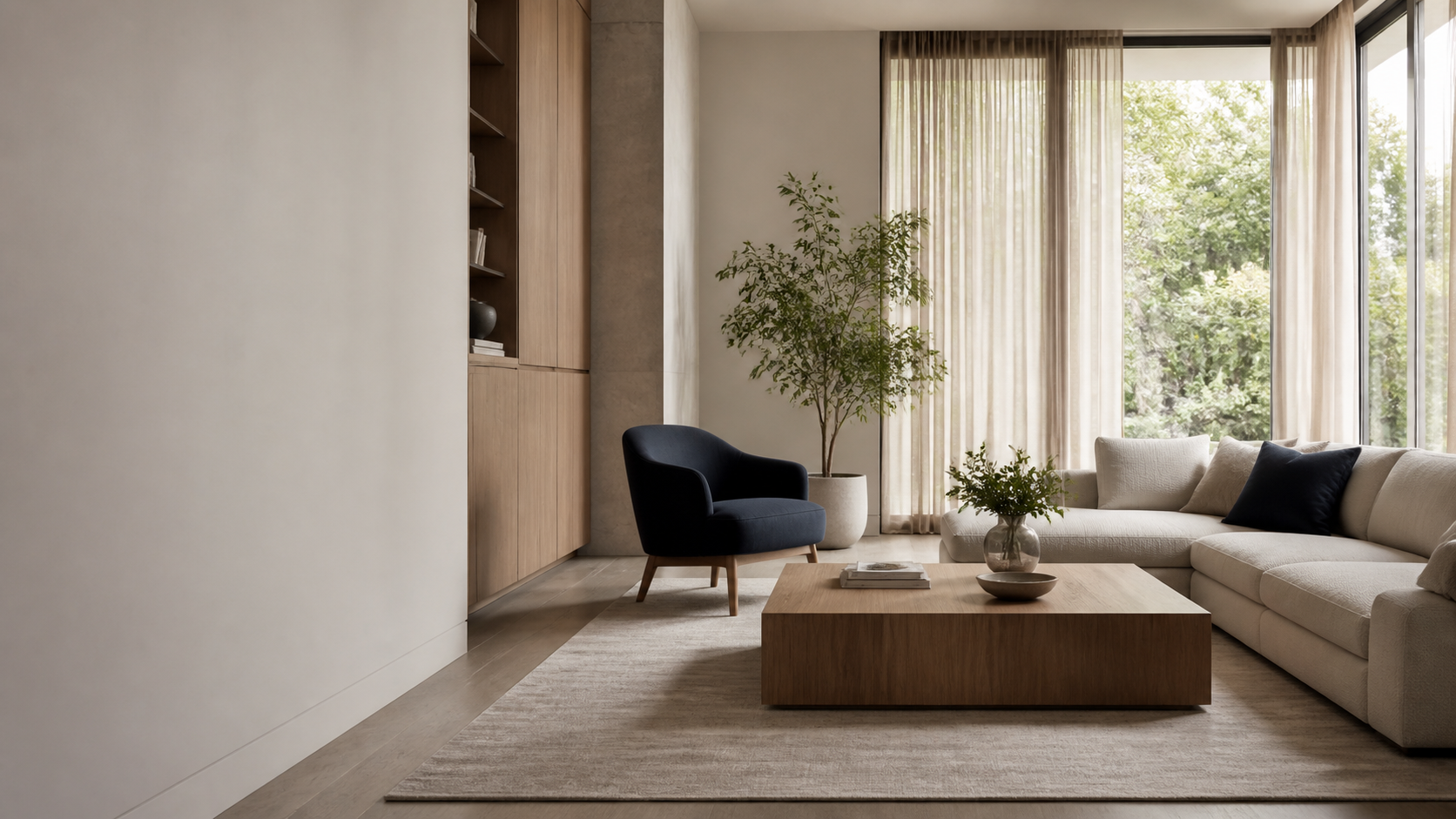 A composed living room with upholstered seating and timber furniture