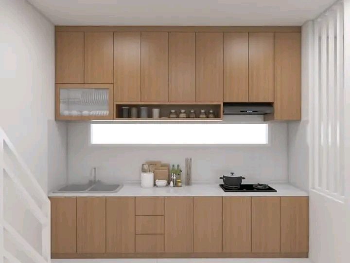 Compact natural oak single-wall kitchen with open display shelf