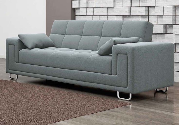 Slate grey contemporary three-seat sofa with structured arms and metal legs