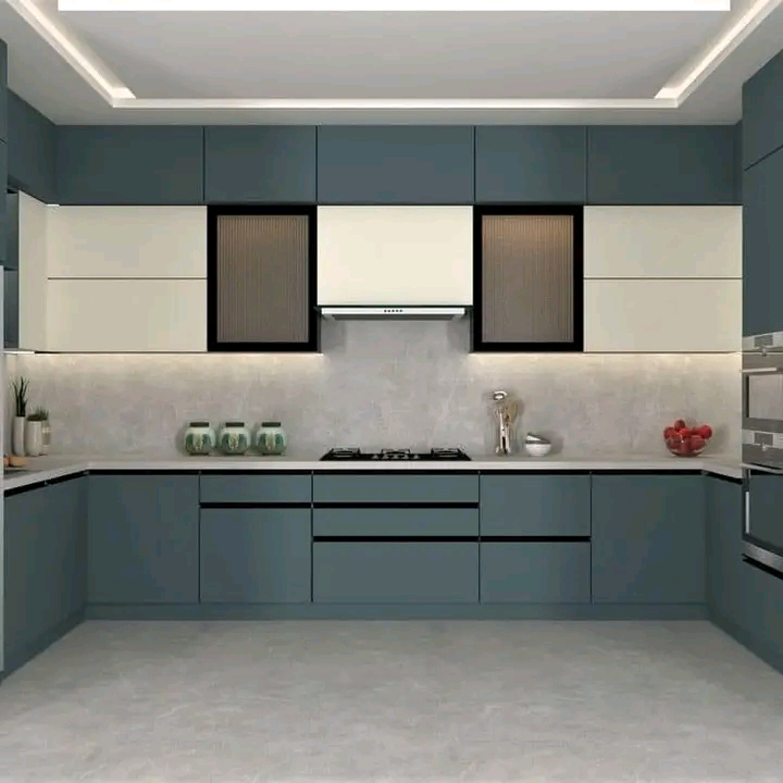 Teal and white modular kitchen with flat-front cabinets